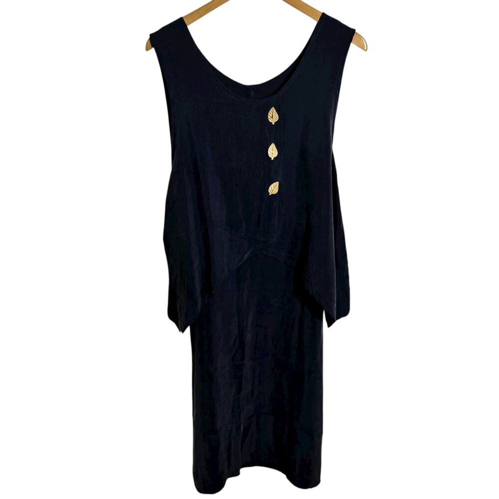 Nina Piccalino Dress 14 Navy Blue Leaf Button Tie Lagenlook Bemberg Minimal